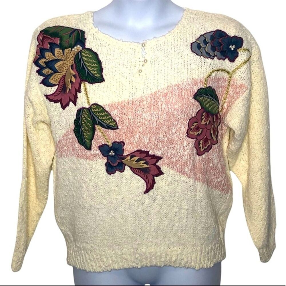 Vintage 90s Floral Embroidered Sweater L Cream Pearl Applique Cottagecore Retro - Picture 3 of 14
